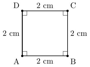 Folosește o riglă pentru a măsura și a trasa un segment orizontal de 2 cm. Din capetele acestuia, folosește un echer pentru a trasa două segmente verticale de câte 2 cm în sus. Unește capetele de sus cu un alt segment orizontal de 2 cm. Notează colțurile figurii cu literele mari A, B, C și D în ordine alfabetică, mergând în jurul figurii.