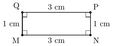 Cu ajutorul riglei, trasează un segment orizontal de 3 cm (lungimea). Din capetele lui, trage în sus două linii perpendiculare (folosind echerul) de câte 1 cm (lățimea). Unește capetele de sus cu un segment de 3 cm. Notează vârfurile acestui dreptunghi cu literele M, N, P și Q.