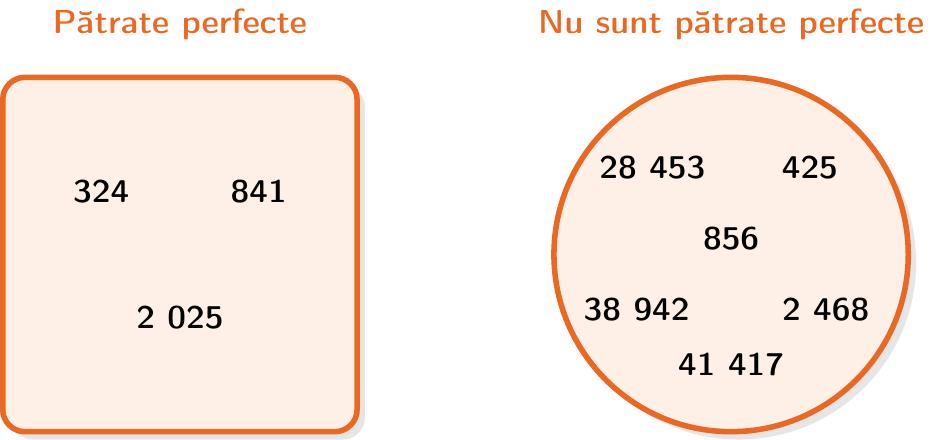 Desenează un pătrat mare în partea stângă și un cerc mare în partea dreaptă. În interiorul pătratului, scrie numerele: 324, 2 025, 841. În interiorul cercului, scrie numerele: 28 453, 425, 856, 38 942, 2 468, 41 417.
