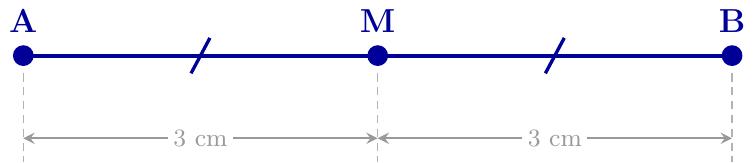 Pe segmentul AB desenat anterior, marchează un punct M exact la jumătatea distanței dintre A și B (la 3 cm de fiecare capăt). Verifică folosind rigla că segmentele AM și MB au lungimi egale.