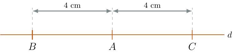 Desenează o dreaptă orizontală. Marchează punctul B în stânga. La 4 cm spre dreapta marchează punctul A, iar la încă 4 cm spre dreapta (deci la 8 cm de B) marchează punctul C.
