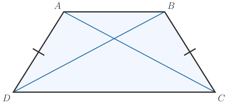 Desenează un trapez isoscel ABCD, având baza mică AB poziționată orizontal în partea superioară a desenului și baza mare CD poziționată orizontal în partea inferioară, sub AB. Asigură-te că AB este paralelă cu CD și că laturile neparalele AD și BC sunt egale în lungime, marcând această congruență cu un singur marcaj vizibil pe fiecare. Trasează diagonalele AC și BD ca segmente de linie, asigurându-te că intersecția lor se află în interiorul trapezului.
