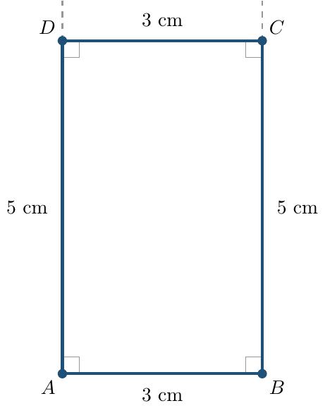 1. Desenează un segment orizontal AB cu lungimea de 3 cm folosind rigla.
2. În punctul A, folosește echerul pentru a trasa o perpendiculară pe AB în sus.
3. Pe această perpendiculară, măsoară cu rigla un segment AD de 5 cm.
4. Repetă procedura în punctul B: trasează o perpendiculară pe AB și măsoară un segment BC de 5 cm.
5. Unește punctele D și C. Verifică dacă DC are 3 cm și dacă unghiurile din C și D sunt drepte.