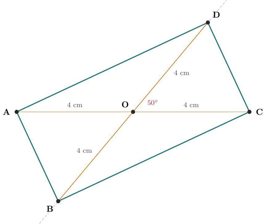 1. Desenează un segment AC de 8 cm (prima diagonală).
2. Marchează mijlocul segmentului AC în punctul O (la 4 cm de capete).
3. Folosește raportorul cu centrul în O pentru a măsura un unghi de 50 de grade față de segmentul AC. Trasează o dreaptă prin O la acest unghi.
4. Pe această dreaptă, măsoară de o parte și de alta a punctului O câte 4 cm pentru a marca punctele B și D (astfel încât BD să aibă 8 cm și O să fie mijlocul său).
5. Unește punctele A cu B, B cu C, C cu D și D cu A pentru a forma dreptunghiul.