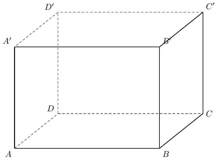 Desenează un paralelipiped dreptunghic \(ABCDA'B'C'D'\) în perspectivă oblică.
- Poziționează vârful A în partea stânga-jos a desenului, reprezentând colțul din stânga-față al bazei inferioare.
- Baza inferioară ABCD este reprezentată ca un paralelogram în perspectivă. Punctele sunt dispuse în ordinea A (stânga-față), B (dreapta-față), C (dreapta-spate), D (stânga-spate). Asigură-te că lungimea vizuală a muchiei AB este semnificativ mai mare decât lungimea vizuală a muchiei AD (adâncimea).
- De la fiecare vârf al bazei inferioare, ridică muchii verticale egale: AA', BB', CC', DD'. Aceste muchii definesc înălțimea paralelipipedului.
- Unește vârfurile superioare A', B', C', D' pentru a forma baza superioară, unde A' este direct deasupra lui A, B' deasupra lui B, C' deasupra lui C și D' deasupra lui D. Respectă aceeași ordine a pozițiilor (stânga-față, dreapta-față, dreapta-spate, stânga-spate) pentru A'B'C'D'.
- Muchiile vizibile se desenează cu linii continue de culoare neagră: AB, BC, AA', BB', CC', A'B', B'C'.
- Muchiile nevăzute se desenează cu linii punctate (densely dashed) de culoare gri: AD, DC, DD', D'A', C'D'.
- Etichetează clar toate vârfurile A, B, C, D, A', B', C', D' cu caractere latine, poziționându-le astfel încât să nu obstrucționeze liniile desenului și să fie ușor lizibile.