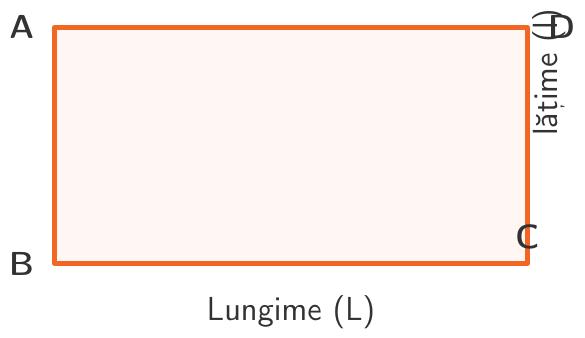 Un dreptunghi cu laturile orizontale mai lungi, notate cu „Lungime (L)”, și laturile verticale mai scurte, notate cu „lățime (l)”.