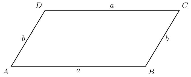 Un paralelogram ABCD. Laturile orizontale (AB și CD) sunt paralele și egale. Laturile oblice (AD și BC) sunt de asemenea paralele și egale.