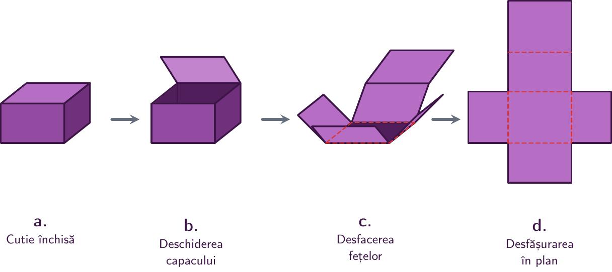 Etapele deschiderii progresive a unei cutii tridimensionale sub formă de paralelipiped până la obținerea reprezentării sale plate bidimensionale (desfășurarea în plan a celor 6 fețe dreptunghiulare).