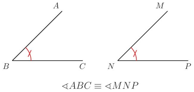 Două unghiuri, ABC și MNP, având aceeași deschidere de 45 de grade. Fiecare unghi este marcat cu un singur arc de cerc tăiat de o mică linie oblică pentru a evidenția că sunt congruente.