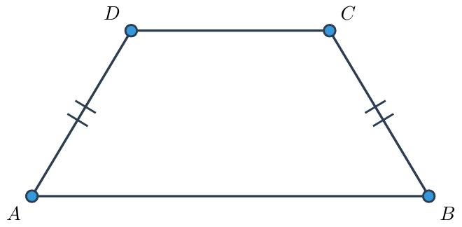 Un trapez ABCD (cu baza mare AB paralelă cu baza mică CD), având laturile neparalele AD și BC marcate cu același semn pentru a indica faptul că sunt congruente (AD ≡ BC).