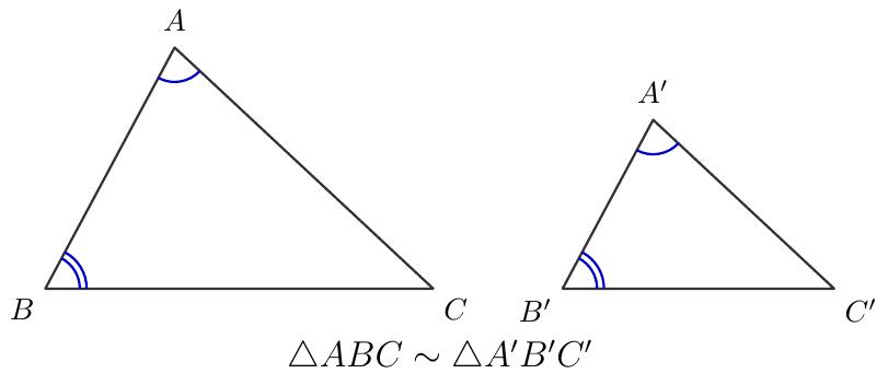 Două triunghiuri ABC și A'B'C'. Unghiul A este marcat cu un arc, la fel și unghiul A'. Unghiul B este marcat cu două arce, la fel și unghiul B', indicând congruența acestora.