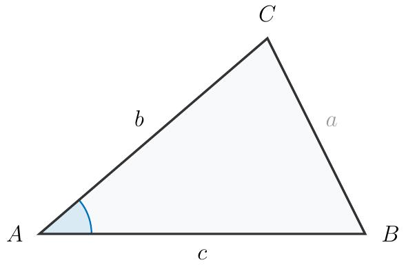 Un triunghi oarecare ABC. Laturile AB (notată cu c) și AC (notată cu b) se intersectează în vârful A, formând unghiul A.