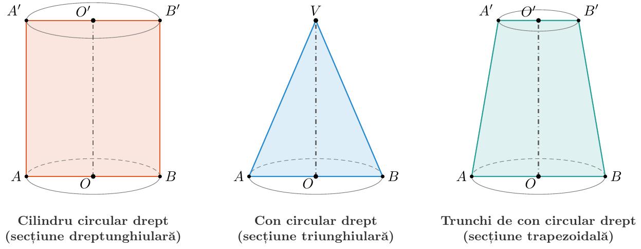 Trei corpuri rotunde sunt reprezentate orizontal, de la stânga la dreapta: un cilindru circular drept, un con circular drept și un trunchi de con circular drept. Fiecare corp are axa sa de simetrie verticală.
Pentru fiecare corp, secțiunea sa axială este ilustrată frontal, vizibilă printr-o tăietură de-a lungul axei de simetrie, și este evidențiată printr-o culoare distinctă:
1.  **Cilindru:** Secțiunea axială este un dreptunghi `ABB'A'`, unde `AB` este diametrul bazei inferioare și `A'B'` este diametrul bazei superioare.
2.  **Con:** Secțiunea axială este un triunghi isoscel `VAB`, unde `V` este vârful și `AB` este diametrul bazei.
3.  **Trunchi de con:** Secțiunea axială este un trapez isoscel `ABB'A'`, unde `AB` este diametrul bazei inferioare și `A'B'` este diametrul bazei superioare.
