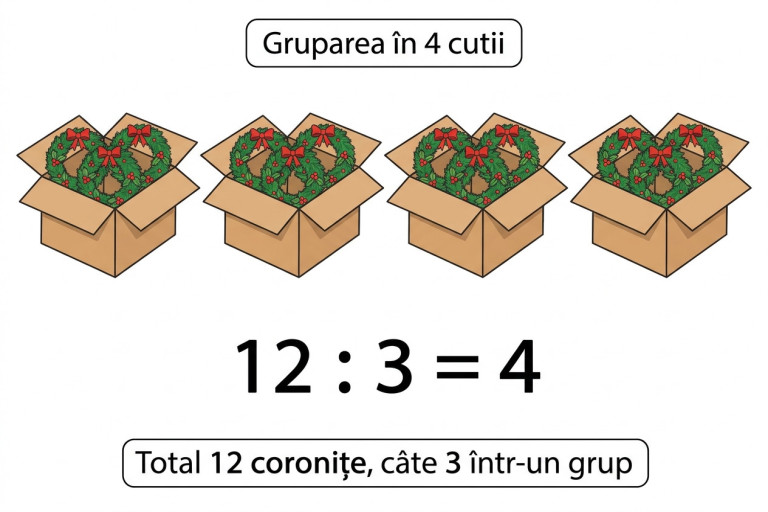 12 coronițe de Crăciun sunt grupate câte 3 în 4 cutii distincte, ilustrând operația de împărțire prin cuprindere: 12 : 3 = 4.