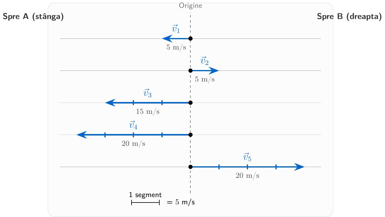 Un segment de dreaptă orientat sub forma unei săgeți. Originea segmentului reprezintă punctul de aplicație. Dreapta pe care se află segmentul reprezintă direcția. Vârful săgeții indică sensul. Lungimea segmentului reprezintă mărimea vitezei.