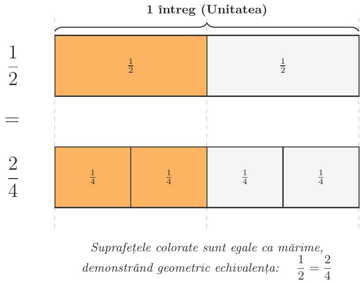 Desen cu două dreptunghiuri identice ca mărime totală. Primul dreptunghi este împărțit în 2 părți egale, având o parte hașurată (reprezentând fracția 1/2). Al doilea dreptunghi este împărțit în 4 părți egale, având două părți hașurate (reprezentând fracția 2/4). Vizual, cele două suprafețe hașurate ocupă exact aceeași arie din întreg, demonstrând geometric echivalența fracțiilor.