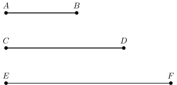 Trasează pe caiet trei segmente orizontale separate:
1. Primul segment cu capetele notate A la stânga și B la dreapta.
2. Al doilea segment cu capetele notate C la stânga și D la dreapta.
3. Al treilea segment cu capetele notate E la stânga și F la dreapta.