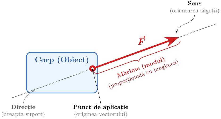 Desen ce indică reprezentarea unui vector printr-un segment de dreaptă orientat: originea segmentului reprezintă punctul de aplicație, linia dreaptă suport indică direcția, săgeata indică sensul de orientare, iar lungimea segmentului corespunde mărimii raportate la o scară aleasă.