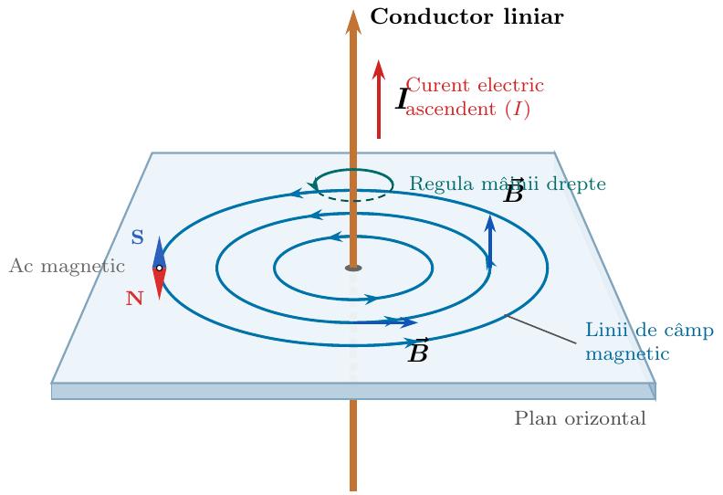 Vedere în spațiu a unui conductor liniar vertical parcurs de un curent electric ascendent, străpungând o suprafață plană orizontală pe care sunt trasate linii de câmp sub formă de cercuri concentrice, cu săgeți indicând sensul trigonometric stabilit prin regula mâinii drepte.
