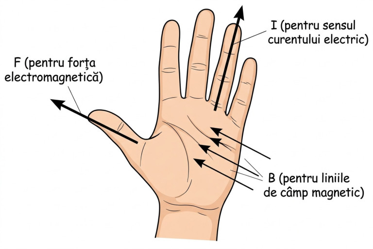 Regula mâinii stângi: palma mâinii stângi deschisă, liniile de câmp magnetic B intră în palmă, cele patru degete întinse indică sensul curentului I, iar degetul mare depărtat indică sensul forței electromagnetice F perpendiculară pe planul format de conductor și liniile de câmp.