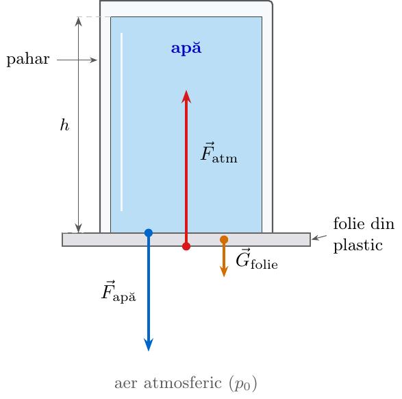 Desenează un pahar cilindric orientat cu gura în jos, plin cu apă până la buză. La gura paharului este așezată orizontal o folie subțire și plană din plastic. Pe folia de plastic se figurează forțele aplicate pe direcție verticală:
1. De sus în jos: forța de presiune exercitată de coloana de apă din pahar, \(\vec{F}_{\text{apă}}\), orientată vertical în jos, și greutatea proprie a foliei de plastic, \(\vec{G}_{\text{folie}}\), orientată tot vertical în jos.
2. De jos în sus: forța de presiune exercitată de aerul atmosferic din exterior pe fața inferioară a foliei, \(\vec{F}_{\text{atm}}\), orientată vertical în sus.