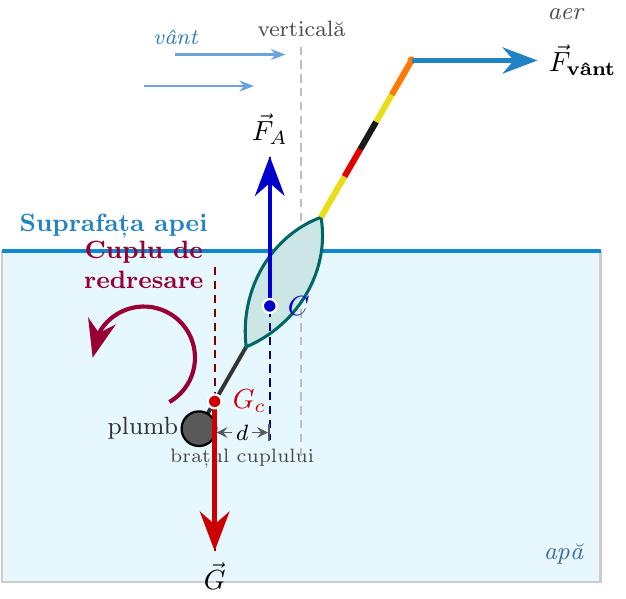 Desenează o secțiune verticală a apei cu o plută înclinată sub acțiunea vântului:
1. Trasează o linie orizontală reprezentând suprafața apei.
2. Desenează corpul plutei înclinat la un unghi de aproximativ 30-40 de grade față de verticală.
3. La partea superioară a antenei, desenează o săgeată orizontală spre dreapta notată cu forța vântului: F_vânt.
4. În partea inferioară a plutei, desenează greutatea de plumb. Punctul de aplicare al greutății totale (centrul de greutate G_c) se află foarte jos, aproape de plumb. Desenează din acest punct o săgeată verticală în jos notată cu greutatea totală: G.
5. Punctul de aplicare al forței arhimedice (centrul de presiune / centrul de carenă C) se află pe partea scufundată a corpului plutei, deasupra centrului de greutate. Desenează din punctul C o săgeată verticală în sus notată cu forța arhimedică: F_A.
6. Evidențiază cu o săgeată curbată sensul cuplului de redresare format de G și F_A, care tinde să readucă pluta în poziție verticală.